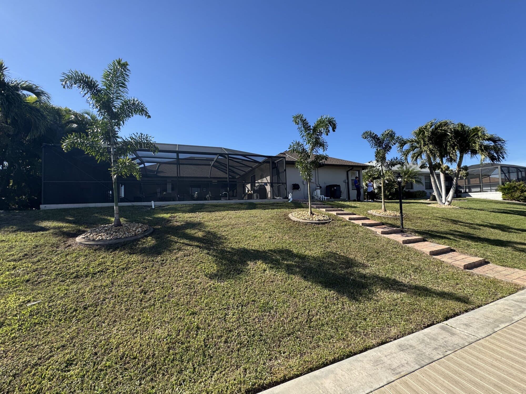 Palm planting with mulch rings along a paver path in Cape Coral
